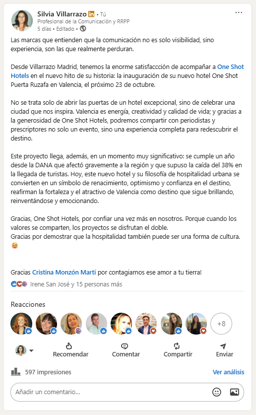 Post Silvia Villarrazo sobre Comunicación experiencial y el hotel one shot puerta rufaza